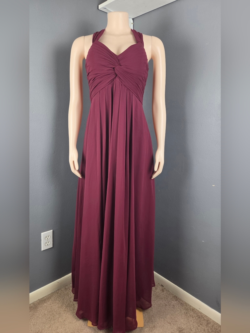 Azazie Burgundy Twist-Front Halter Maxi Dress